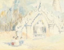 Burmese/Malayan school?, a pair of watercolours of temples and mountains each 8