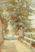 Charles Haigh-Wood (1854-1927). Children on a bridge with trees beyond, watercolour, signed, 19