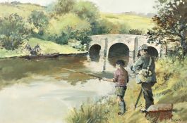 Tom Brown (1933-2017) British, A scene of a father and son angling with figures in a boat on the