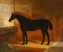 English school (19th century), Portrait of a horse in a stable, signed with initials, oil on canvas,