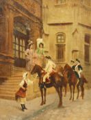 Two pictures of courting figures, oil on canvas possibly over a print base, mixed technique,