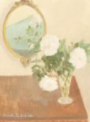 Angela Burfoot (1934-2006) British, Still life of a vase of flowers with wall mounted mirror behind,