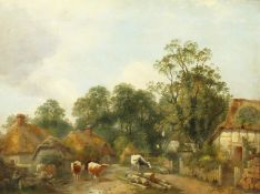 Charles Collins (c. 1818-1899) British, 'Near Dorking, Surrey', A landscape with thatched cottages