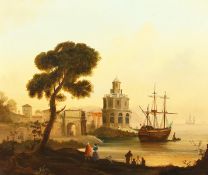 Early 19th century Continental School, A view of a ship moored in a bay with classical buildings,