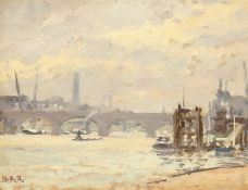 Hercules Brabazon Brabazon (1821-1906) British, A Thames view with a bridge, oil on board, signed