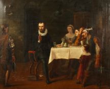 19th century English school. 'The Prodigal Son', An interior scene with figures, in a fine gilt