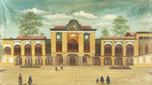 Asad Allah Hussani, Qajar, circa 1890, A traditional court building with figures in the courtyard,