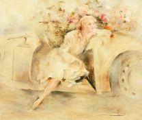 20th century school, An elegant lady seated in a motor car with blossoming flowers beyond, oil on