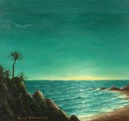 Karel Holemans (1910-1979) Belgian, sun setting over a rocky coastline with palm trees in the