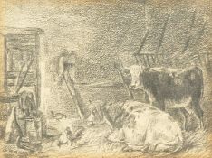 19th century, a pencil study of a barn interior with resting cattle, 4