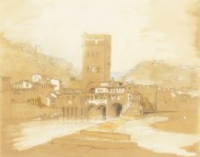 Early 20th century Italian school, An Italian river landscape with buildings and hills beyond, mixed