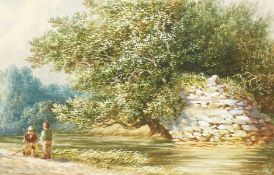 19th century English school, Two boys fishing by a river, watercolour, signed indistinctly, 6