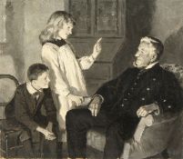 Percy Tarrant (1855-1934) British, A warm hearted discussion with father, en grisaille, oil on paper