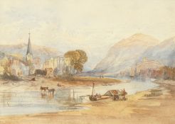 19th century Continental school, A river scene with a town and mountains beyond, watercolour, 10