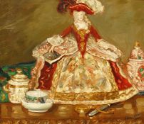 19th/20th century school, A still life study of a doll, and various items of porcelain, oil on