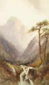 Frederick Pearson, A mountainous highland landscape with grazing sheep and a waterfall, watercolour,