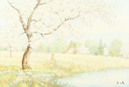 20th Century Chinese school, A young lady and child in a field with almond blossom, oil on canvas,