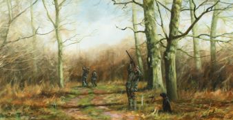 John Trickett (20th century) British, A scene of figures on a shoot with a black Labrador in the