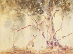 A. Barnes (early 20th century), Australian school, a scene of wallabies and birds amongst gum trees,
