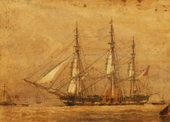Follower of John Ward (1798-1849) British, A three masted ship with other vessels, watercolour &