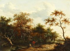 Early 19th century Norwich School, Figures on a riverbank, oil on oak panel, in a fine gilt