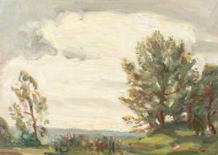 John Brown (20th century) Scottish, A tree lined Impressionist landscape, oil on board, signed