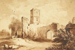 19th century, A study of historic ruins with figures in the foreground, watercolour, 6.5
