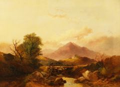 Joseph Horlor (1834-1886) British, Wayfarers crossing a bridge in a mountainous landscape, signed,