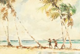 Mun Sen (1896-1962) Malaysia, A Scene of figures on a beach with palm trees, watercolour, signed and