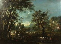 Circle of Giuseppe Zais (1709-1784) Venetian school, Villagers and cattle under moonlight, oil on