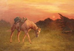 Early 20th century, A saddled horse feeding in a landscape at dusk, oil on canvas, indistinctly