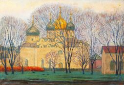 Andrey Nikolaevich Kostromitin (1928-1999) Russian, A view of a church building through trees, oil