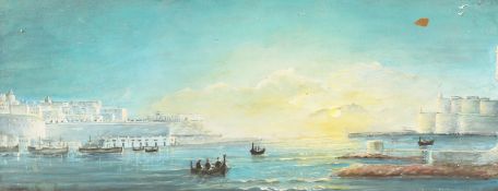 Early 20th century Maltese school, A view over Valletta harbour at sundown, gouache, 8