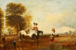 19th century English school, A scene of figures and horses crossing a river with a town beyond,