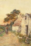 Henry John Yeend King (1855-1924) British, a figure carrying water by farm buildings, watercolour,