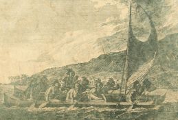 A print of a Polynesian sailing scene with traditional Polynesian canoe, print, 11.5