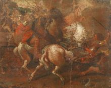 18th Century School, A battle scene with figures on horseback, oil on canvas, 16