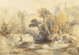 George Cattermole (1800-1868) British, 'The Attack', Armed figures in a rocky river landscape,