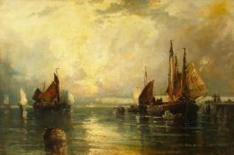 19th century British school, A scene of boats moored by a jetty with cliffs beyond, oil on canvas,