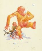 Lawson Wood (1878-1957) British, 'Gran'pop Gets a Singer on the Bok.', a scene of three monkeys