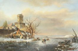 20th century, A Dutch winter scene with skaters on a frozen waterway, oil on canvas, indistinctly