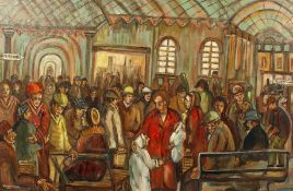 Derek Higginson (1930-2020) British, A busy railway platform, oil on canvas, signed, 24