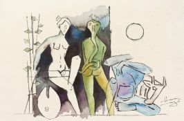 M.F. Hussain (1915-2011) Indian, Untitled work with figures, watercolour, signed, 15