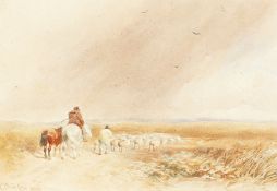 David Cox (1809-1885) British, A view of a figure on horseback with a Shepherd and his flock,