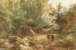 David Hall Mckewan (1816-1873) British, Figure with donkey gathering wood in a riverside glade,
