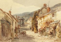 Alfred Layman (1856-1933) British, view of a costal village with figures and donkey, watercolour,