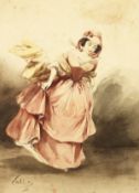 Two 19th century watercolours, the first depicting a lady in a pink dress, the second of a hunting