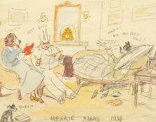 Edward Alfred Cucuel (1785-1954) American, 'Merrie Xmas 1938', A man and two dogs in costume,