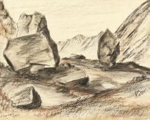 R. Barraud, a rocky mountain landscape with protruding monoliths, mixed media, signed and dated '