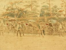 Japanese (c. 1880-1890), A colonial scene of figures on rickshaws, hand-tinted photograph, 8